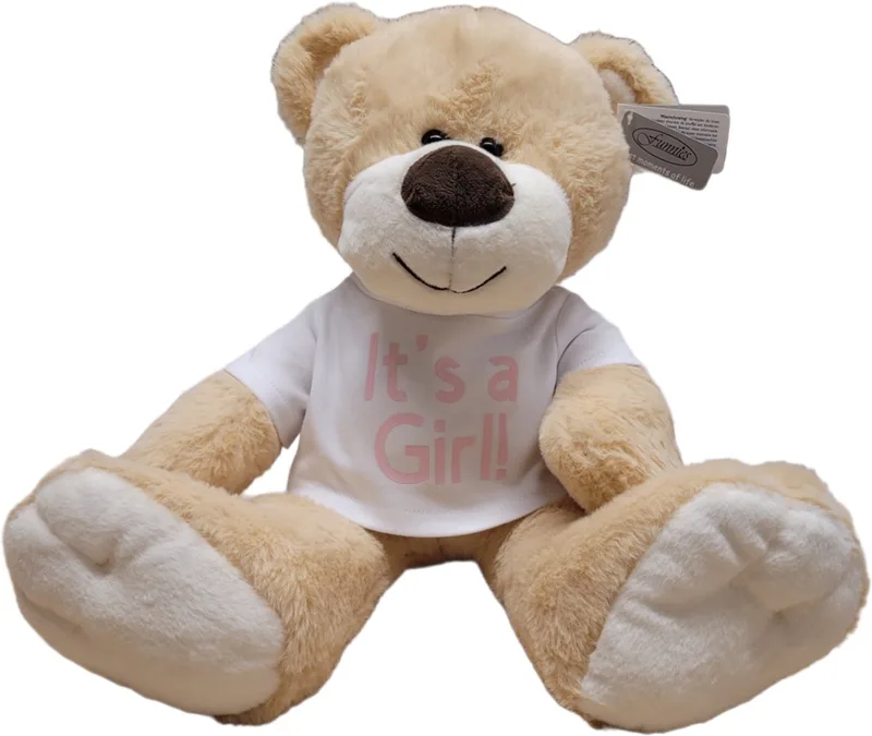 knuffel beer - 45cm - shirtje - It's a girl - gender reveal - kraam cadeau - babyshower by Funnies in Wit – roze – product photo
