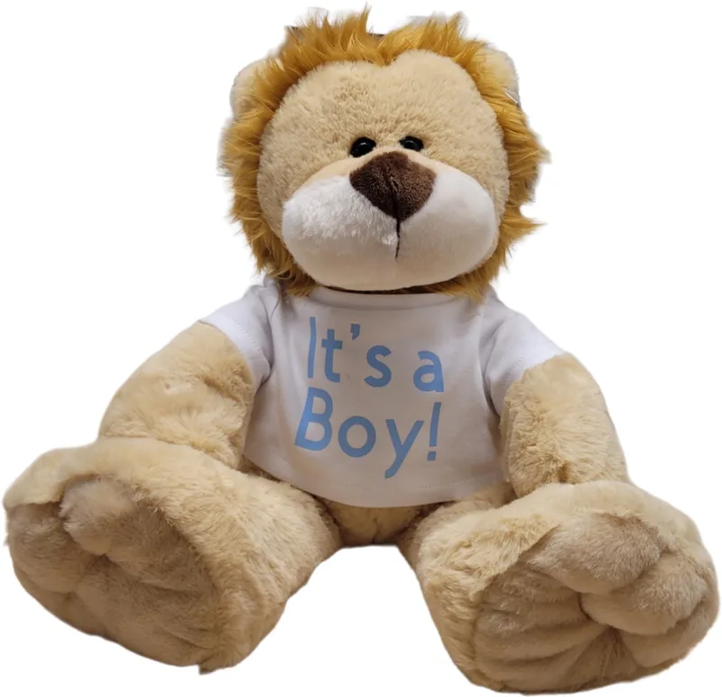 knuffel leeuw - 45cm - shirtje - It's a boy - gender reveal - kraam cadeau van Funnies in Wit – blauw – productfoto