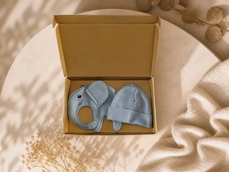 Kraamcadeau Jongen – Baby Mutsje met Speendoekje / speenkoord in Luxe Gouden Geschenkdoos – blauw – Origineel kraamcadeau fra Funnies i Lyseblå – produktbillede