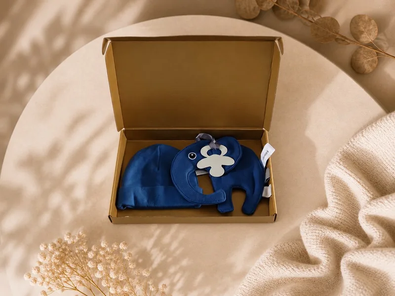 Kraamcadeau Jongen – Baby Mutsje met Speendoekje / speenkoord in Luxe Gouden Geschenkdoos – Origineel kraamcadeau de Funnies en Bleu – photo produit