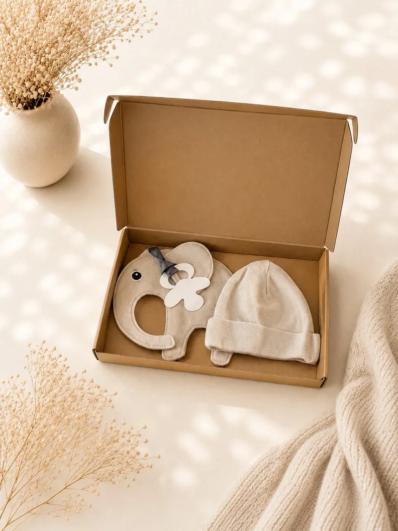 Kraamcadeau Jongen & Meisje – Baby Mutsje met Speendoekje in Luxe Gouden Geschenkdoos – crème – neutraal – Origineel Kraamcadeau fra Funnies i Beige – produktbillede