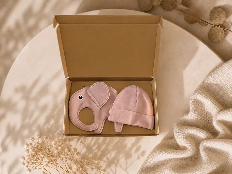Kraamcadeau Meisje – Baby Mutsje met Speendoekje in Luxe Gouden Geschenkdoos – Origineel Kraamcadeau by Funnies in Pink – product photo