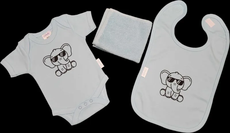 Kraamcadeau - olifant - slab - spuugdoek - romper - maat 50/56. by Funnies in Blue – product photo