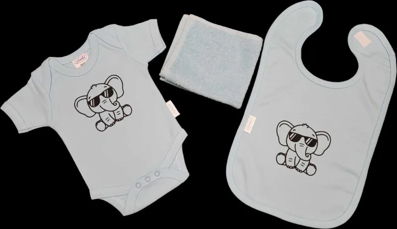 Kraamcadeau - olifant - slab - spuugdoek - romper - maat 62/68. by Funnies in Blue – product photo