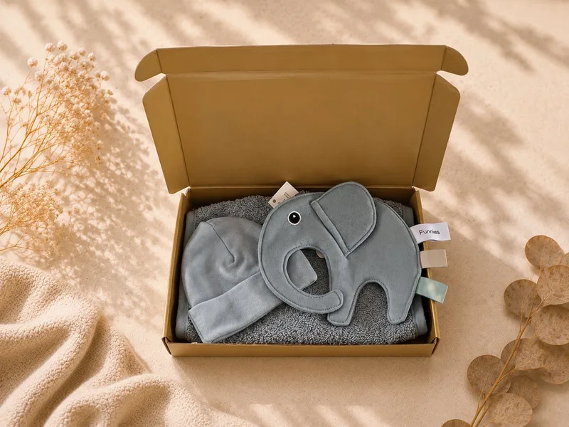 Luxe Kraamcadeau Baby Jongen – Mutsje, Slab en Speendoekje – 100% Katoen – Kraamcadeau – blauw – Origineel babyshower / Kraamcadeau fra Funnies i Lyseblå – produktbillede