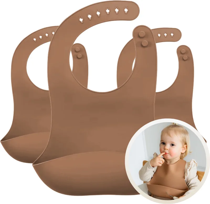 Siliconen Slab 3-Pack - Set van 3 Slabbetjes - Slabbers met Opvangbakje - 30 x 24cm - Zacht, Flexibel en Makkelijk Schoon te Maken - Verstelbare Pasvorm voor Baby’s en Peuters - Ideaal voor Voeden zonder Knoeien by Funnies in Caramel – product photo