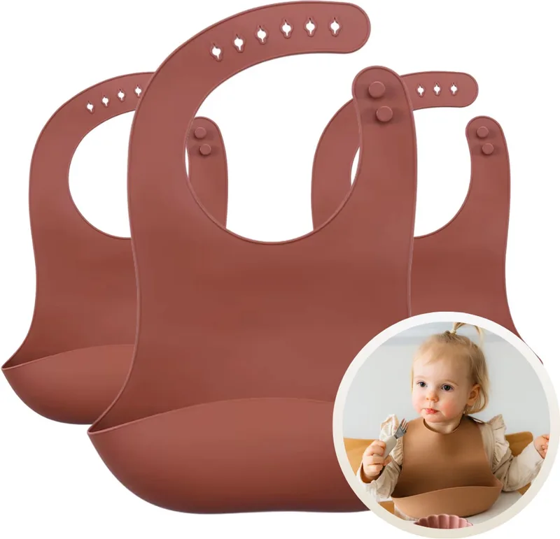 Siliconen Slab 3-Pack - Set van 3 Slabbetjes - Slabbers met Opvangbakje - 30 x 24cm - Zacht, Flexibel en Makkelijk Schoon te Maken - Verstelbare Pasvorm voor Baby’s en Peuters - Ideaal voor Voeden zonder Knoeien by Funnies in Copper – product photo