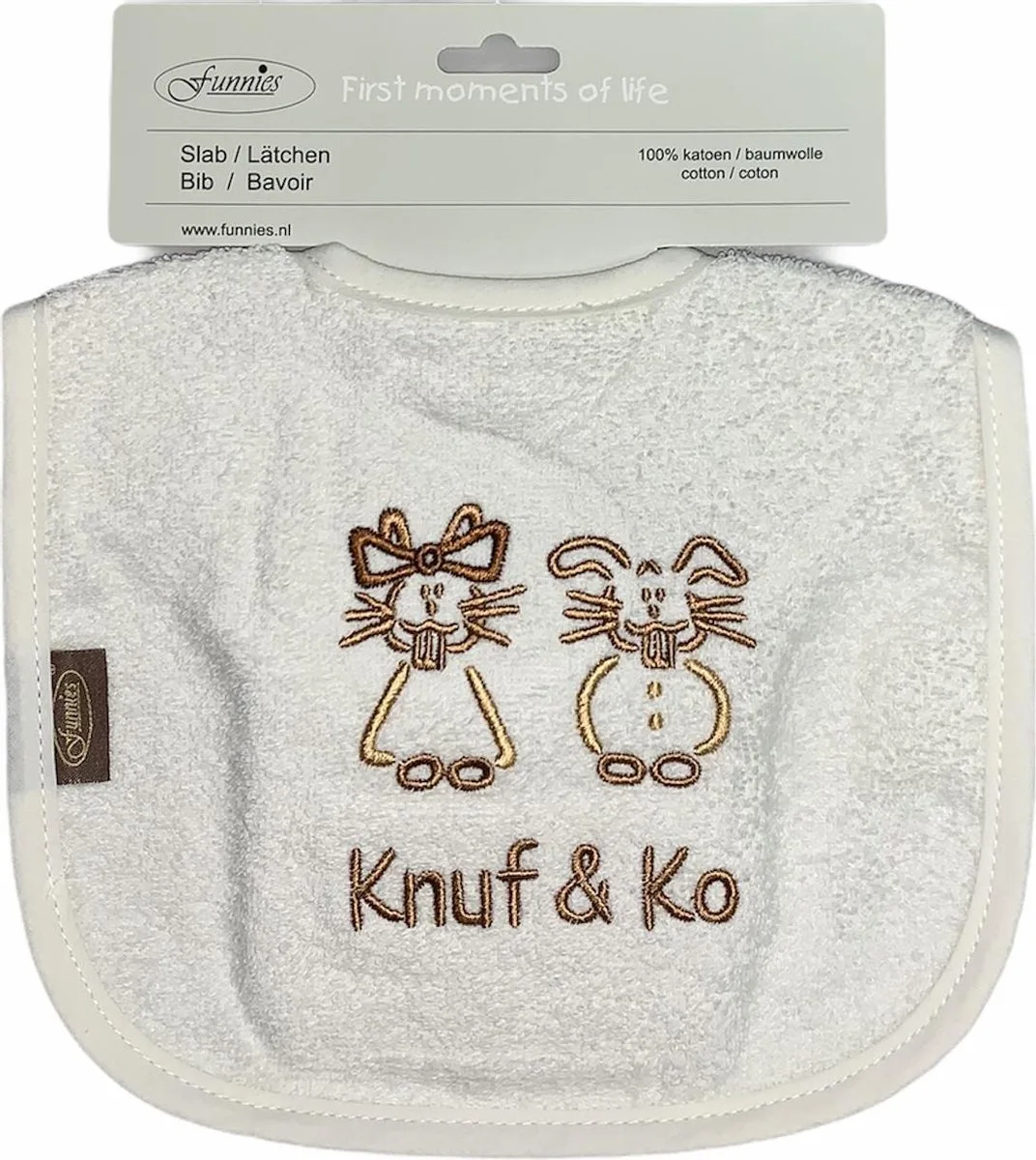 slab knuff&co | slabbetje | baby | slabbetje baby | drinken en eten | knoeien by Funnies in Cream, Sand, Brown – product photo
