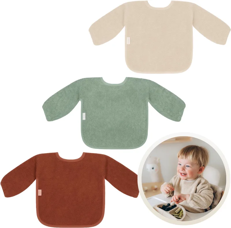 Slab met Mouwen 3-Pack Aardetinten - Set van 3 Zachte Slabbetjes voor Baby’s - 100% Katoenen Badstof - Makkelijk Wasbaar in de Wasmachine - Slabbetjes, Kwijlslab, Eet- en Speelslab - Ideaal voor Eten, Knutselen en Spelen van Funnies in Aardetinten Nature – productfoto