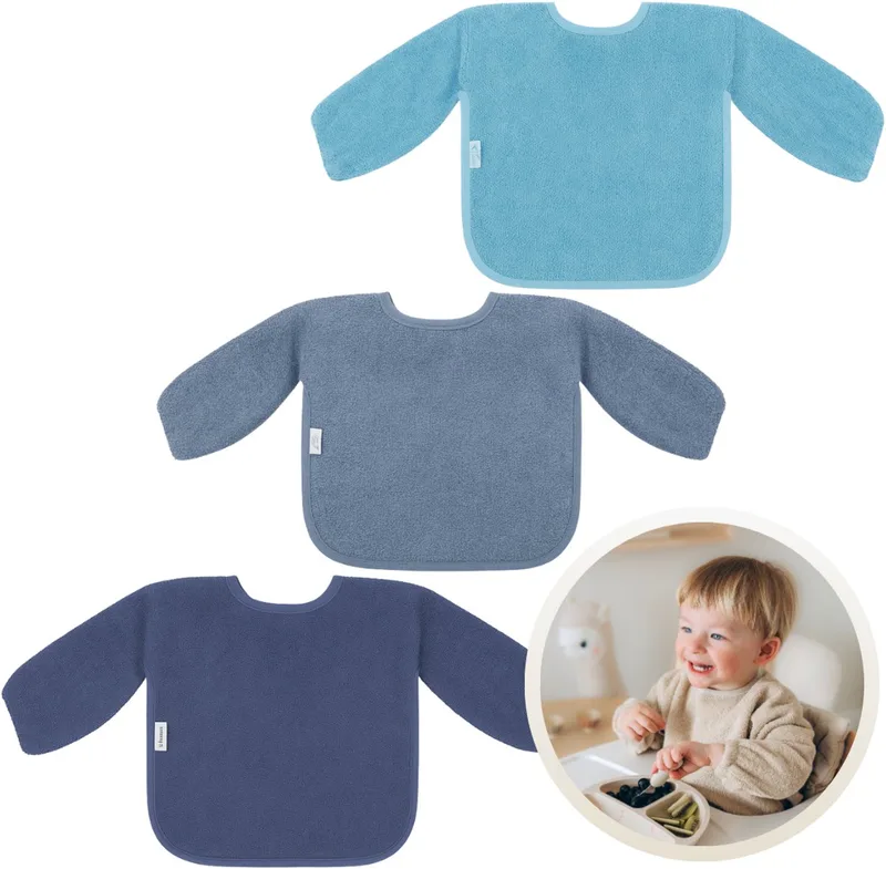Slab met Mouwen 3-Pack Blauwe Tinten - Set van 3 Zachte Slabbetjes voor Baby’s - 100% Katoenen Badstof - Makkelijk Wasbaar in de Wasmachine - Slabbetjes, Kwijlslab, Eet- en Speelslab - Ideaal voor Eten, Knutselen en Spelen van Funnies in Aardetinten Blauw – productfoto