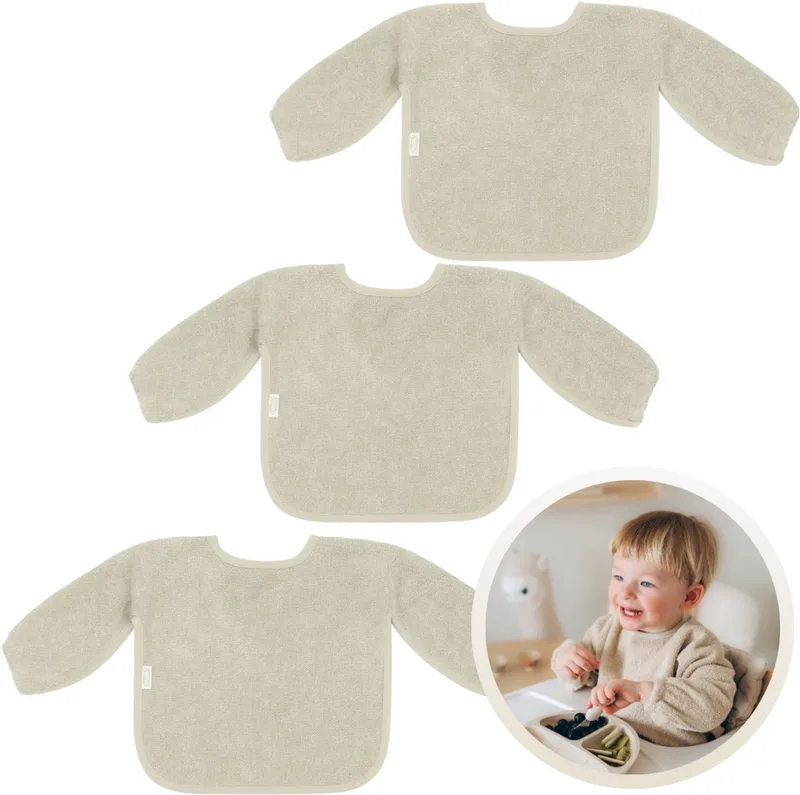 Slab met Mouwen 3-Pack Grey - Set van 3 Zachte Slabbetjes voor Baby’s - 100% Katoenen Badstof - Makkelijk Wasbaar in de Wasmachine - Slabbetjes, Kwijlslab, Eet- en Speelslab - Ideaal voor Eten, Knutselen en Spelen van Funnies in Sand Stone – productfoto