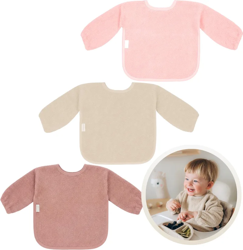 Slab met Mouwen 3-Pack Roze Tinten - Set van 3 Zachte Slabbetjes voor Baby’s - 100% Katoenen Badstof - Makkelijk Wasbaar in de Wasmachine - Slabbetjes, Kwijlslab, Eet- en Speelslab - Ideaal voor Eten, Knutselen en Spelen van Funnies in Aardetinten Roze – productfoto