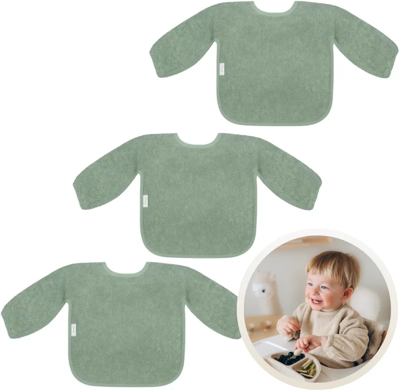 Slab met Mouwen 3-Pack - Set van 3 Zachte Slabbetjes voor Baby’s - 100% Katoenen Badstof - Makkelijk Wasbaar in de Wasmachine - Slabbetjes, Kwijlslab, Eet- en Speelslab - Ideaal voor Eten, Knutselen en Spelen by Funnies in Stone Green – product photo