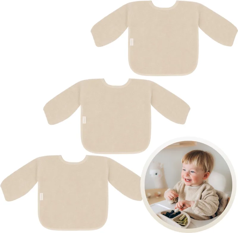 Slab met Mouwen 3-Pack - Set van 3 Zachte Slabbetjes voor Baby’s - 100% Katoenen Badstof - Makkelijk Wasbaar in de Wasmachine - Slabbetjes, Kwijlslab, Eet- en Speelslab - Ideaal voor Eten, Knutselen en Spelen by Funnies in Cream – product photo
