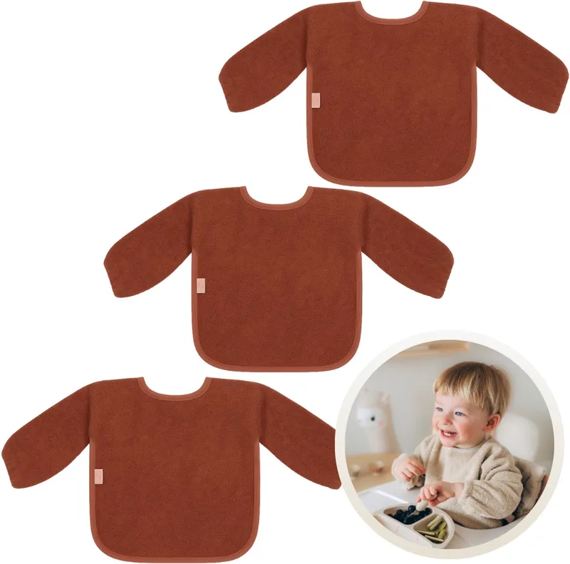 Slab met Mouwen 3-Pack - Set van 3 Zachte Slabbetjes voor Baby’s - 100% Katoenen Badstof - Makkelijk Wasbaar in de Wasmachine - Slabbetjes, Kwijlslab, Eet- en Speelslab - Ideaal voor Eten, Knutselen en Spelen by Funnies in Copper – product photo