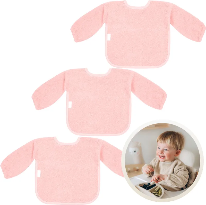 Slab met Mouwen 3-Pack - Set van 3 Zachte Slabbetjes voor Baby’s - 100% Katoenen Badstof - Makkelijk Wasbaar in de Wasmachine - Slabbetjes, Kwijlslab, Eet- en Speelslab - Ideaal voor Eten, Knutselen en Spelen van Funnies in Blush – productfoto