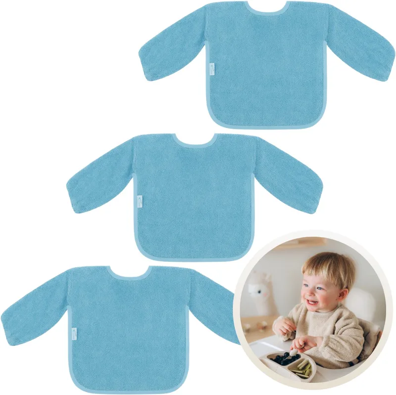 Slab met Mouwen 3-Pack - Set van 3 Zachte Slabbetjes voor Baby’s - 100% Katoenen Badstof - Makkelijk Wasbaar in de Wasmachine - Slabbetjes, Kwijlslab, Eet- en Speelslab - Ideaal voor Eten, Knutselen en Spelen by Funnies in Blue – product photo