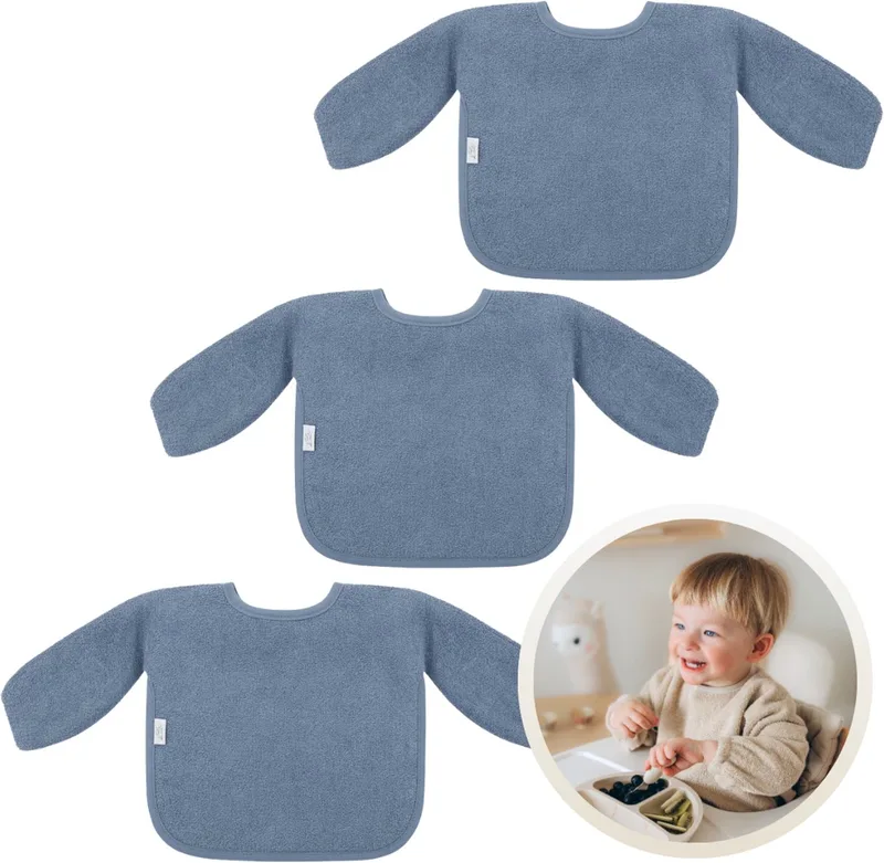 Slab met Mouwen 3-Pack - Set van 3 Zachte Slabbetjes voor Baby’s - 100% Katoenen Badstof - Makkelijk Wasbaar in de Wasmachine - Slabbetjes, Kwijlslab, Eet- en Speelslab - Ideaal voor Eten, Knutselen en Spelen van Funnies in Grey Blue – productfoto