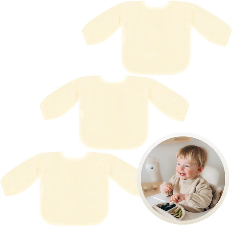 Slab met Mouwen 3-Pack - Set van 3 Zachte Slabbetjes voor Baby’s - 100% Katoenen Badstof - Makkelijk Wasbaar in de Wasmachine - Slabbetjes, Kwijlslab, Eet- en Speelslab - Ideaal voor Eten, Knutselen en Spelen van Funnies in Beige – productfoto