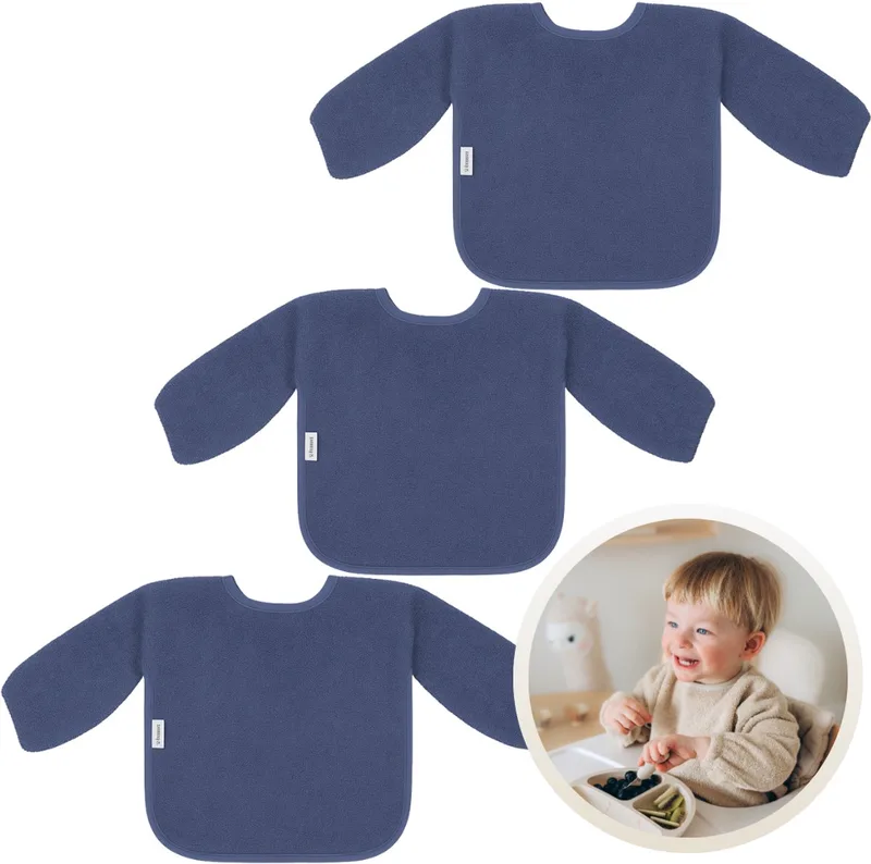 Slab met Mouwen 3-Pack Silk - Set van 3 Zachte Slabbetjes voor Baby’s - 100% Katoenen Badstof - Makkelijk Wasbaar in de Wasmachine - Slabbetjes, Kwijlslab, Eet- en Speelslab - Ideaal voor Eten, Knutselen en Spelen by Funnies in Silk Blue – product photo