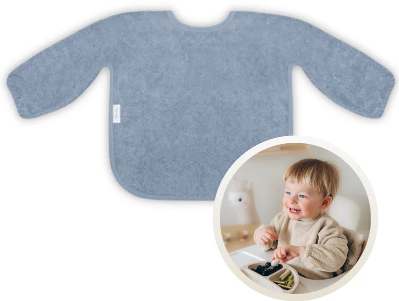 Slab met Mouwen - Zachte Slab voor Baby’s - 100% Katoenen Badstof - Makkelijk Wasbaar in de Wasmachine - Slabbetjes, Kwijlslab, Schort, Kliederschort, Eet- en Speelslab - Ideaal voor Eten, Knutselen en Spelen de Funnies en Grey Blue – photo produit