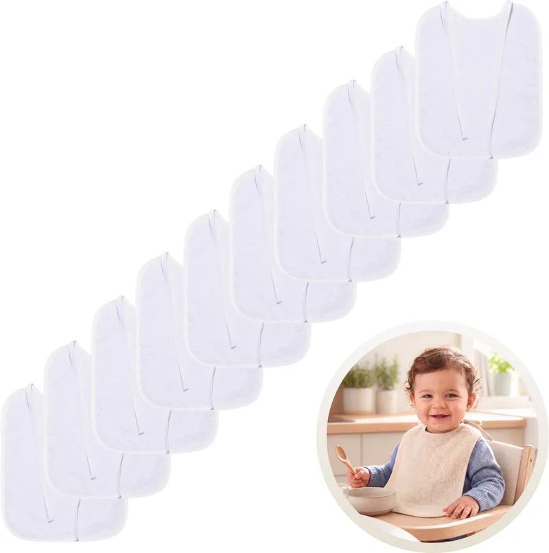 Slabben 10-Pack - Set van 10 Zachte Slabbetjes - Slabbers - Kwijldoekjes - Slab met Koordjes - Gemaakt van 100% Katoenen Badstof - Absorberend, Zacht en Makkelijk Wasbaar - Ideaal voor Voeden, Kwijlen en Bescherming van Kleding by Funnies in White – product photo