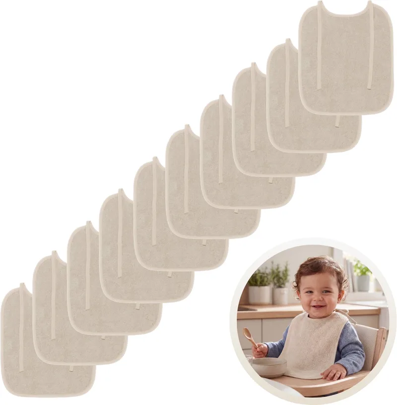 Slabben 10-Pack - Set van 10 Zachte Slabbetjes - Slabbers - Kwijldoekjes - Slab met Koordjes - Gemaakt van 100% Katoenen Badstof - Absorberend, Zacht en Makkelijk Wasbaar - Ideaal voor Voeden, Kwijlen en Bescherming van Kleding by Funnies in Cream – product photo