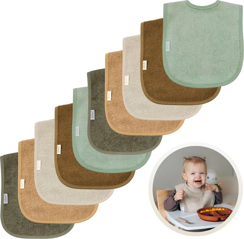 Slabbetjes 10-Pack Aardetinten - Set van 10 Zachte Slabbertjes - Grote Slabbers - Kwijldoekjes voor Baby’s en Kinderen - Absorberend, Zacht en Makkelijk Wasbaar - Perfect voor Voeden, Kwijlen en Bescherming van Kleding - Kraamcadeau by Funnies in Aardetinten Nature – product photo