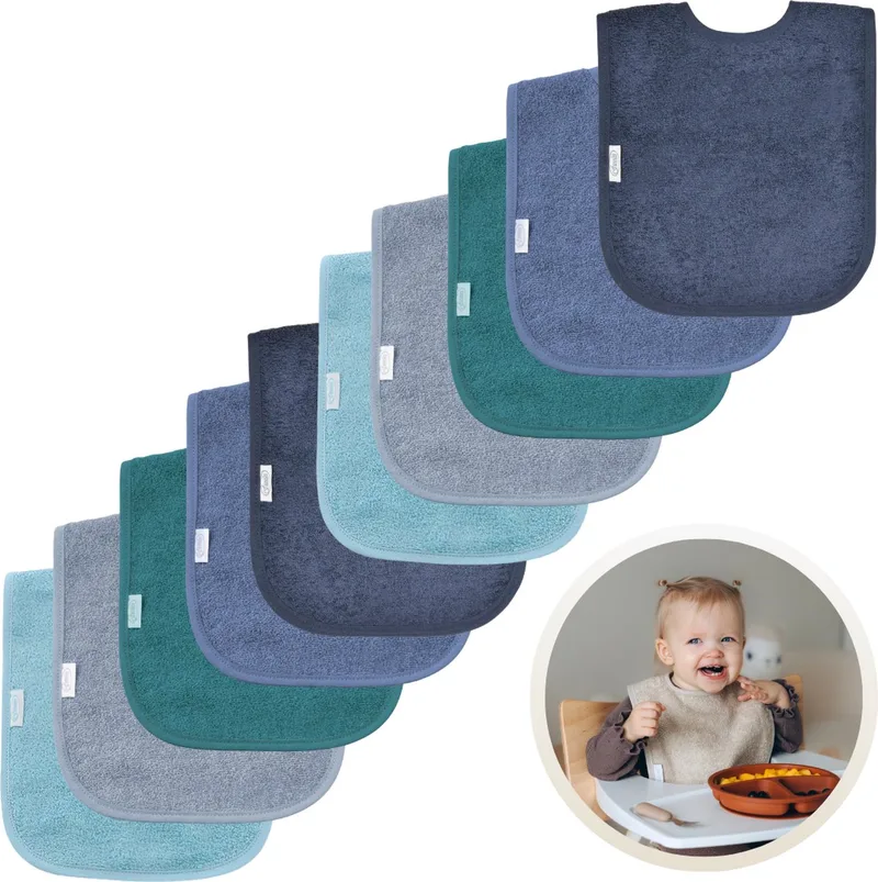 Slabbetjes 10-Pack Blauwe Tinten - Set van 10 Zachte Slabbertjes - Grote Slabbers - Kwijldoekjes voor Baby’s en Kinderen - Absorberend, Zacht en Makkelijk Wasbaar - Perfect voor Voeden, Kwijlen en Bescherming van Kleding van Funnies in Aardetinten Blauw – productfoto