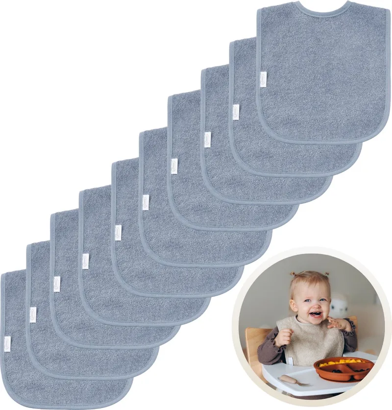Slabbetjes 10-Pack - Set van 10 Zachte Slabbertjes - Grote Slabbers - Kwijldoekjes voor Baby’s en Kinderen - Absorberend, Zacht en Makkelijk Wasbaar - Perfect voor Voeden, Kwijlen en Bescherming van Kleding by Funnies in Grey Blue – product photo