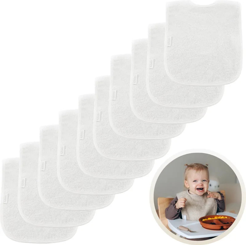 Slabbetjes 10-Pack - Set van 10 Zachte Slabbertjes - Grote Slabbers - Kwijldoekjes voor Baby’s en Kinderen - Absorberend, Zacht en Makkelijk Wasbaar - Perfect voor Voeden, Kwijlen en Bescherming van Kleding van Funnies in Wit – productfoto