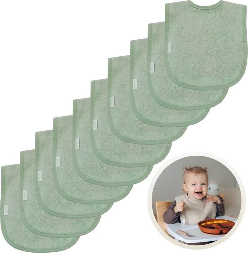 Slabbetjes 10-Pack - Set van 10 Zachte Slabbertjes - Grote Slabbers - Kwijldoekjes voor Baby’s en Kinderen - Absorberend, Zacht en Makkelijk Wasbaar - Perfect voor Voeden, Kwijlen en Bescherming van Kleding by Funnies in Stone Green – product photo