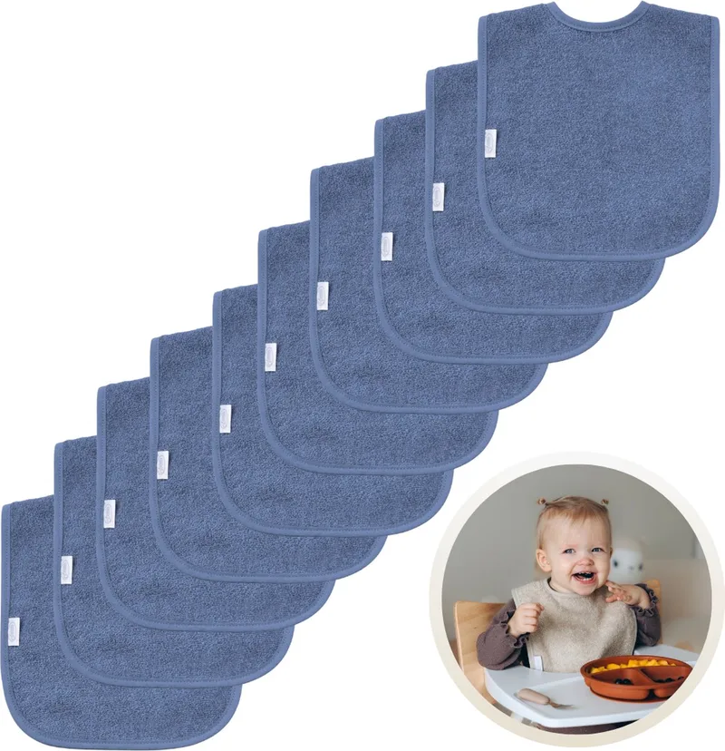 Slabbetjes 10-Pack Silk Blauw - Set van 10 Zachte Slabbertjes - Grote Slabbers - Kwijldoekjes voor Baby’s en Kinderen - Absorberend, Zacht en Makkelijk Wasbaar - Perfect voor Voeden, Kwijlen en Bescherming van Kleding by Funnies in Silk Blue – product photo