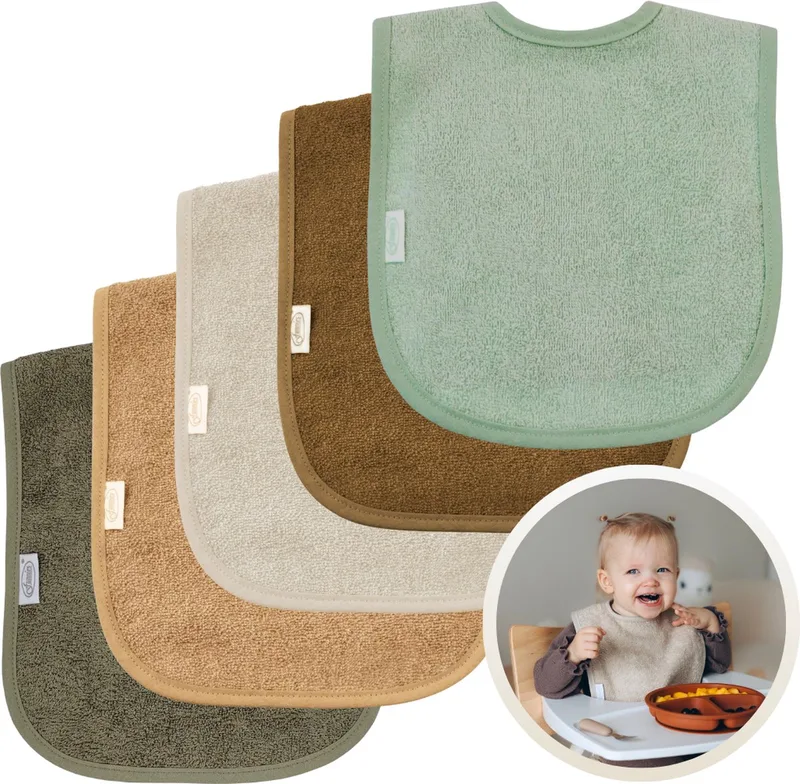 Slabbetjes 5-Pack Aardetinten - Set van 5 Zachte Slabbertjes - Grote Slabbers - Kwijldoekjes voor Baby’s en Kinderen - Absorberend, Zacht en Makkelijk Wasbaar - Perfect voor Voeden, Kwijlen en Bescherming van Kleding från Funnies i Aardetinten Nature – produktbild