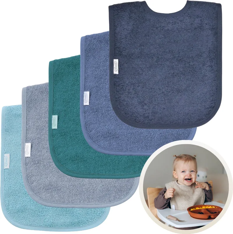 Slabbetjes 5-Pack Blauwe Tinten - Set van 5 Zachte Slabbertjes - Grote Slabbers - Kwijldoekjes voor Baby’s en Kinderen - Absorberend, Zacht en Makkelijk Wasbaar - Perfect voor Voeden, Kwijlen en Bescherming van Kleding by Funnies in Aardetinten Blauw – product photo