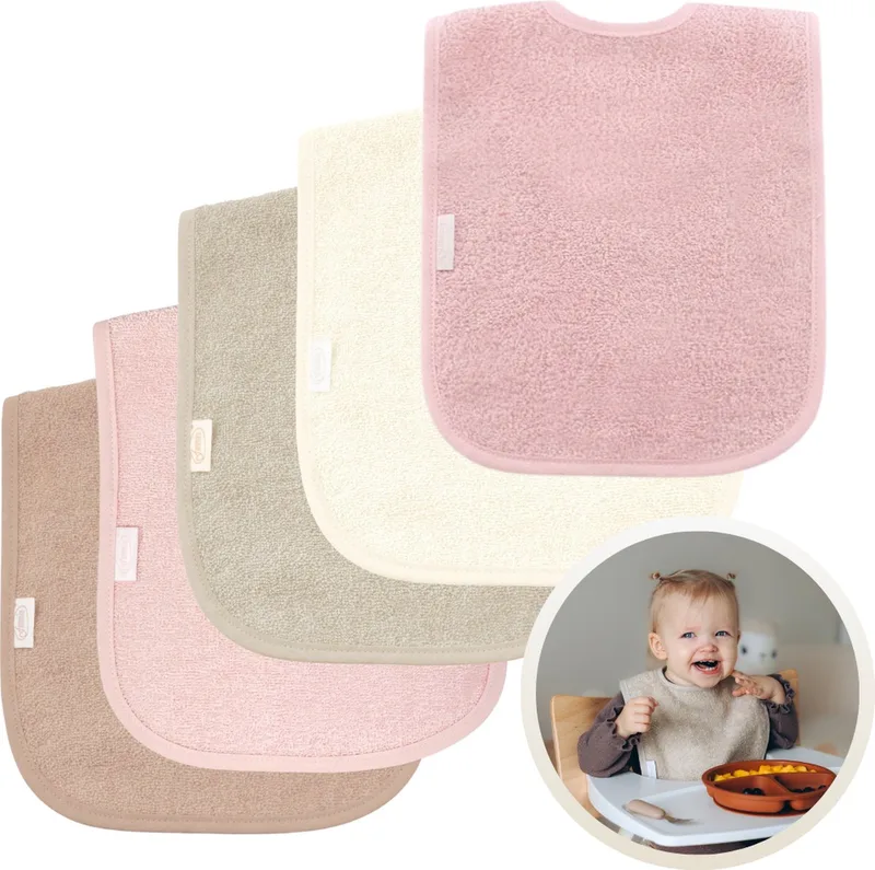 Slabbetjes 5-Pack Roze Tinten - Set van 5 Zachte Slabbertjes - Grote Slabbers - Kwijldoekjes voor Baby’s en Kinderen - Absorberend, Zacht en Makkelijk Wasbaar - Perfect voor Voeden, Kwijlen en Bescherming van Kleding by Funnies in Aardetinten Roze – product photo