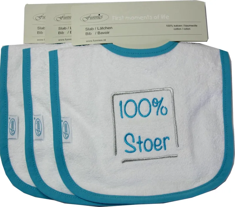 Slabbetjes set van 3 –100% Stoer de Funnies en Blanc – photo produit