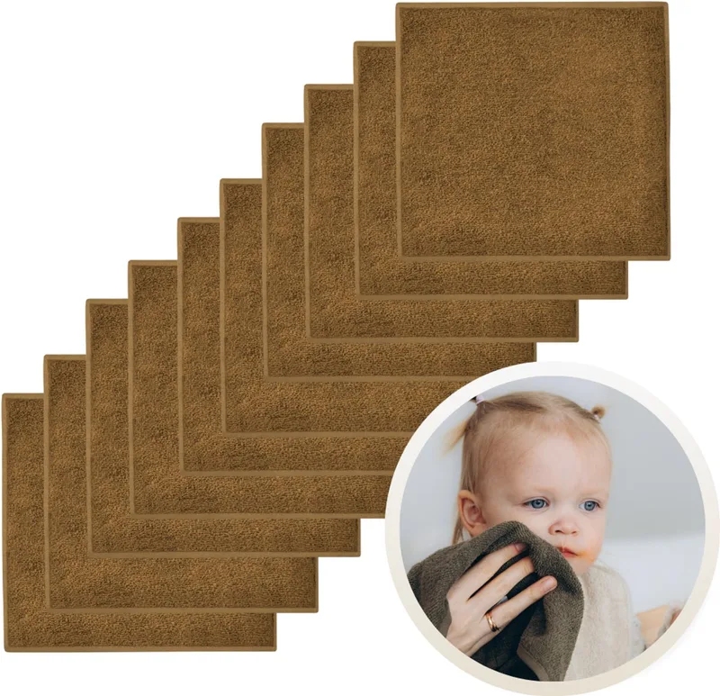 Spuugdoekjes 10-Pack - Set van 10 Zachte Spuugdoeken, Monddoekjes, Kwijldoekjes - 30x30 cm - 100% Katoenen Badstof - Absorberend, Sneldrogend en Zacht - Wasmachinebestendig - Perfect voor Gevoelige Babyhuid bij Voeden en Kwijlen van Funnies in Brown Clay – productfoto