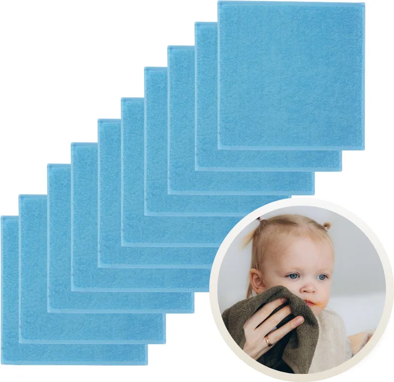 Spuugdoekjes 10-Pack - Set van 10 Zachte Spuugdoeken, Monddoekjes, Kwijldoekjes - 30x30 cm - 100% Katoenen Badstof - Absorberend, Sneldrogend en Zacht - Wasmachinebestendig - Perfect voor Gevoelige Babyhuid bij Voeden en Kwijlen van Funnies in Blauw – productfoto