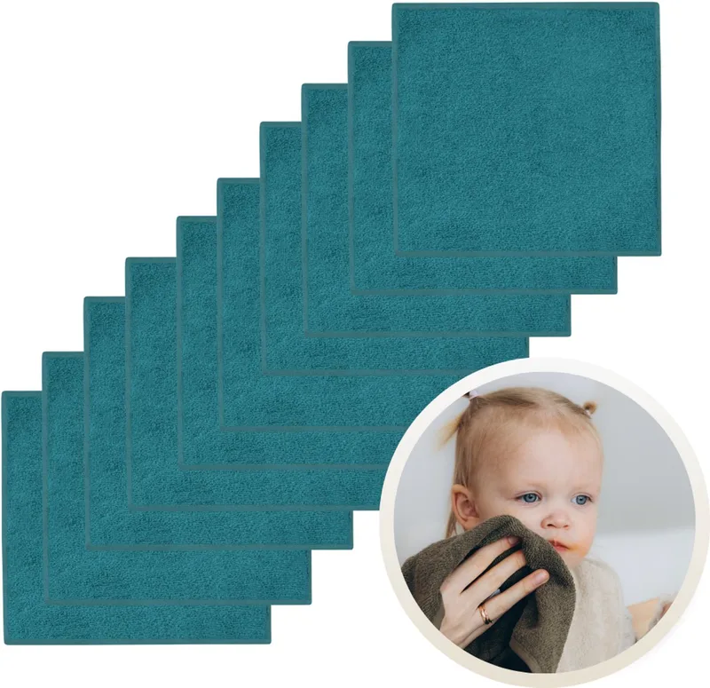 Spuugdoekjes 10-Pack - Set van 10 Zachte Spuugdoeken, Monddoekjes, Kwijldoekjes - 30x30 cm - 100% Katoenen Badstof - Absorberend, Sneldrogend en Zacht - Wasmachinebestendig - Perfect voor Gevoelige Babyhuid bij Voeden en Kwijlen van Funnies in Lake Green – productfoto