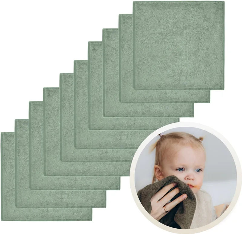 Spuugdoekjes 10-Pack - Set van 10 Zachte Spuugdoeken, Monddoekjes, Kwijldoekjes - 30x30 cm - 100% Katoenen Badstof - Absorberend, Sneldrogend en Zacht - Wasmachinebestendig - Perfect voor Gevoelige Babyhuid bij Voeden en Kwijlen van Funnies in Stone Green – productfoto
