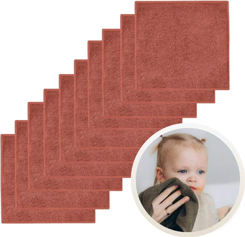 Spuugdoekjes 10-Pack - Set van 10 Zachte Spuugdoeken, Monddoekjes, Kwijldoekjes - 30x30 cm - 100% Katoenen Badstof - Absorberend, Sneldrogend en Zacht - Wasmachinebestendig - Perfect voor Gevoelige Babyhuid bij Voeden en Kwijlen by Funnies in Copper – product photo