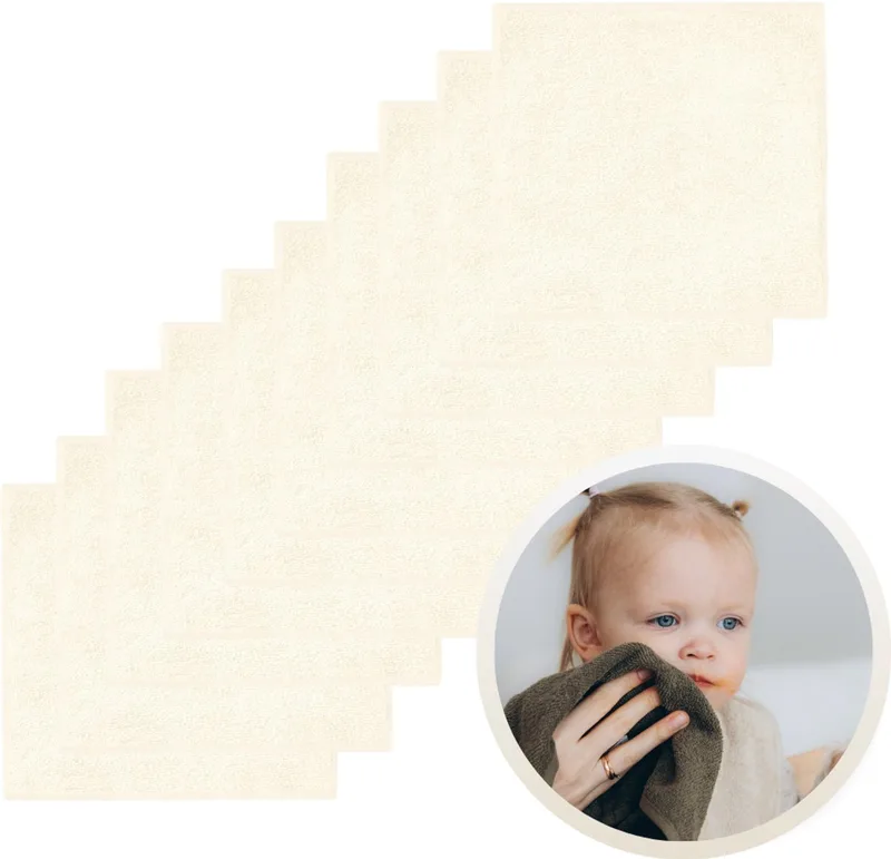 Spuugdoekjes 10-Pack - Set van 10 Zachte Spuugdoeken, Monddoekjes, Kwijldoekjes - 30x30 cm - 100% Katoenen Badstof - Absorberend, Sneldrogend en Zacht - Wasmachinebestendig - Perfect voor Gevoelige Babyhuid bij Voeden en Kwijlen van Funnies in Ecru – productfoto
