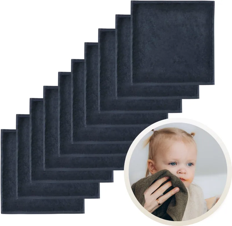Spuugdoekjes 10-Pack - Set van 10 Zachte Spuugdoeken, Monddoekjes, Kwijldoekjes - 30x30 cm - 100% Katoenen Badstof - Absorberend, Sneldrogend en Zacht - Wasmachinebestendig - Perfect voor Gevoelige Babyhuid bij Voeden en Kwijlen by Funnies in Black – product photo