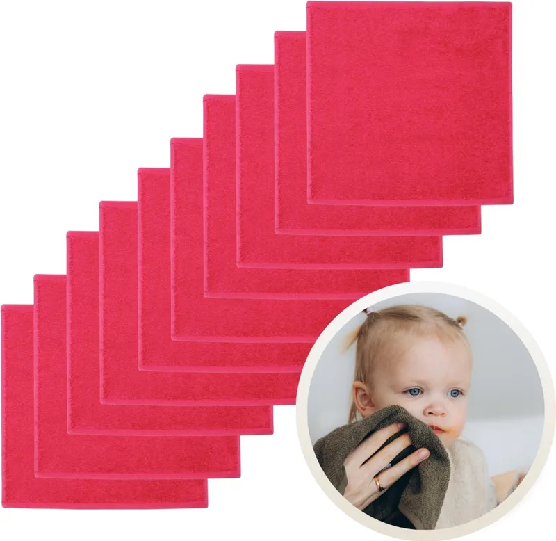 Spuugdoekjes 10-Pack - Set van 10 Zachte Spuugdoeken, Monddoekjes, Kwijldoekjes - 30x30 cm - 100% Katoenen Badstof - Absorberend, Sneldrogend en Zacht - Wasmachinebestendig - Perfect voor Gevoelige Babyhuid bij Voeden en Kwijlen van Funnies in Fuchsia – productfoto