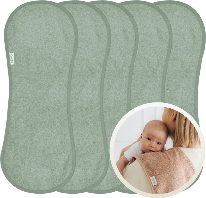 Spuugdoekjes 5 Stuks - Set van 5 Zachte Spuugdoekjes - Monddoekjes - Kwijldoekjes - 20x55 cm - Absorberend en Zacht - 100% Katoenen Badstof - Perfect voor na de Borstvoeding, Voeden en Bescherming van Kleding by Funnies in Stone Green – product photo