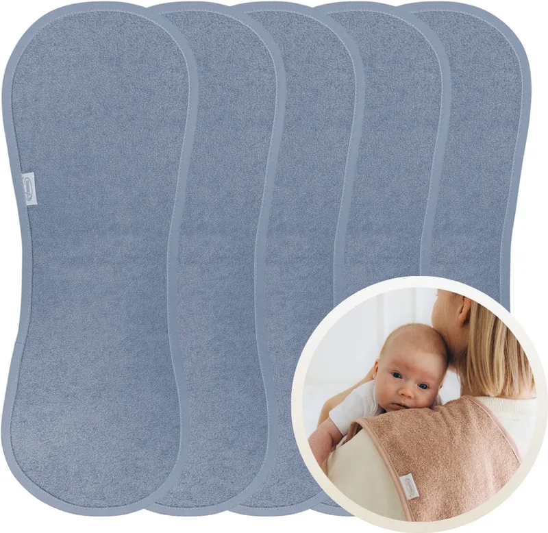Spuugdoekjes 5 Stuks - Set van 5 Zachte Spuugdoekjes - Monddoekjes - Kwijldoekjes - 20x55 cm - Absorberend en Zacht - 100% Katoenen Badstof - Perfect voor na de Borstvoeding, Voeden en Bescherming van Kleding de Funnies en Grey Blue – photo produit