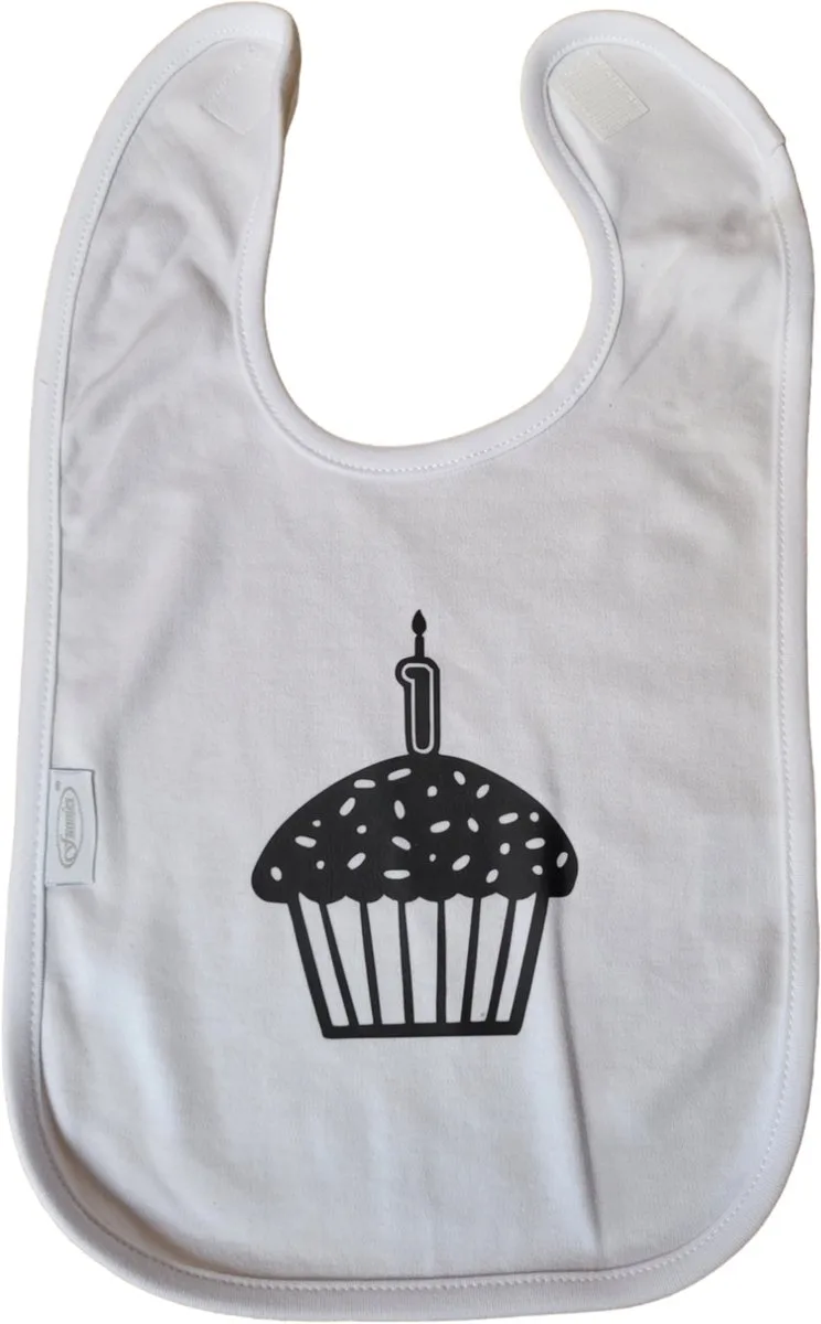 Verjaardag - slab - cupcake - geschenk - baby - peuter- knoeien van Funnies in Wit – zwart – productfoto