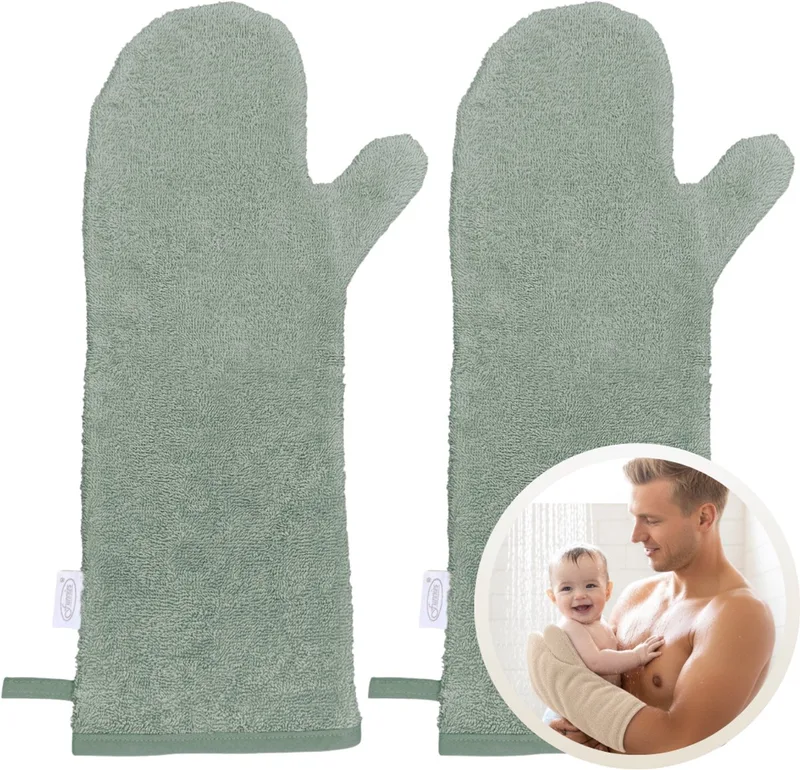 Washandjes Baby 2-pack - Babywashandjes - 2 Stuks - Origineel Kraamcadeau - Lange Baby Washand by Funnies in Stone green – product photo