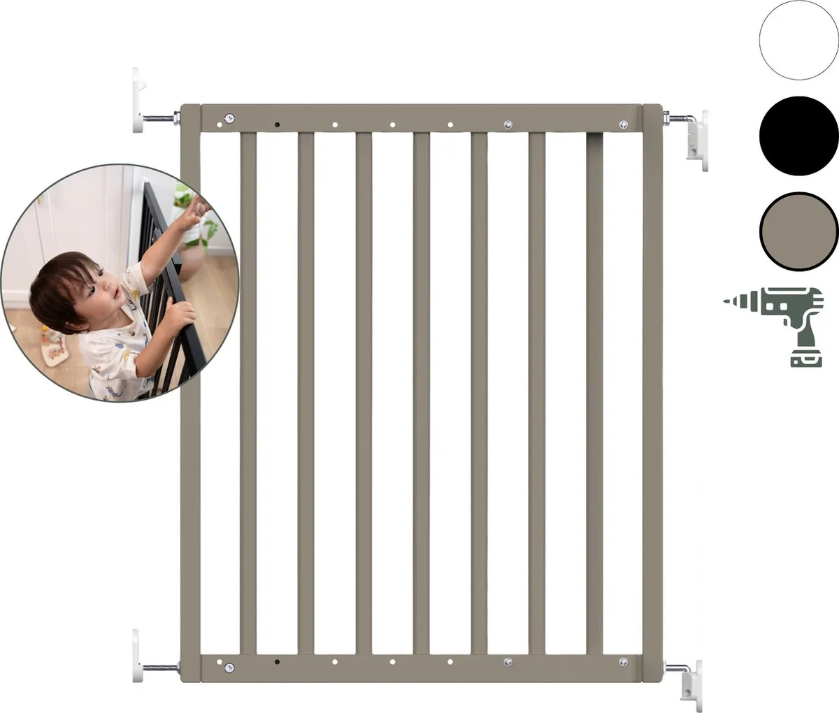Maya veiligheidshekje | Houten Uitschuifbaar Traphekje | Schroefhekje met Boren | Veiligheidshekje met Muurbevestiging | Van 63.5 tot 105.5cm van Geuther in Taupe – productfoto